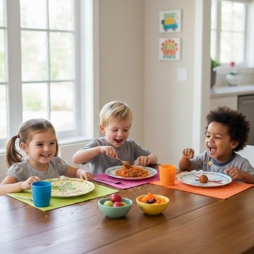 Three children sitting at a table with plates of food in a bright room.