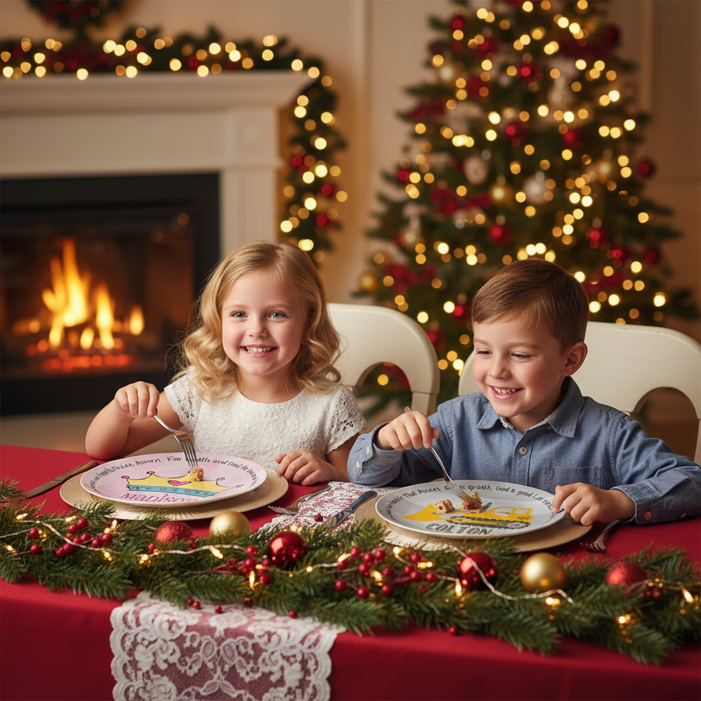 Two children sitting at a Christmas dinner table with a decorated tree and fireplace in the background.